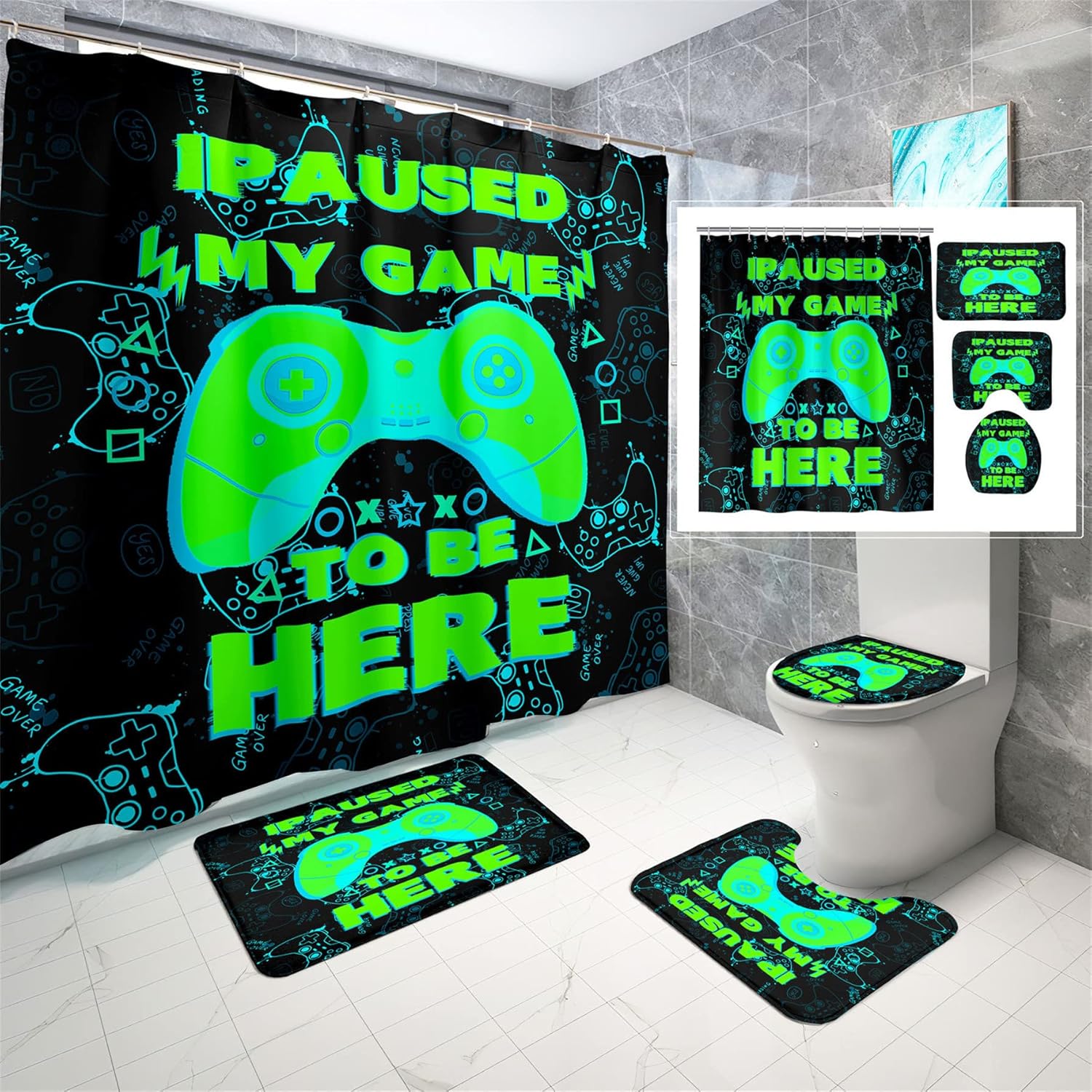 Gamer Shower Curtain Set with Rugs for Boys