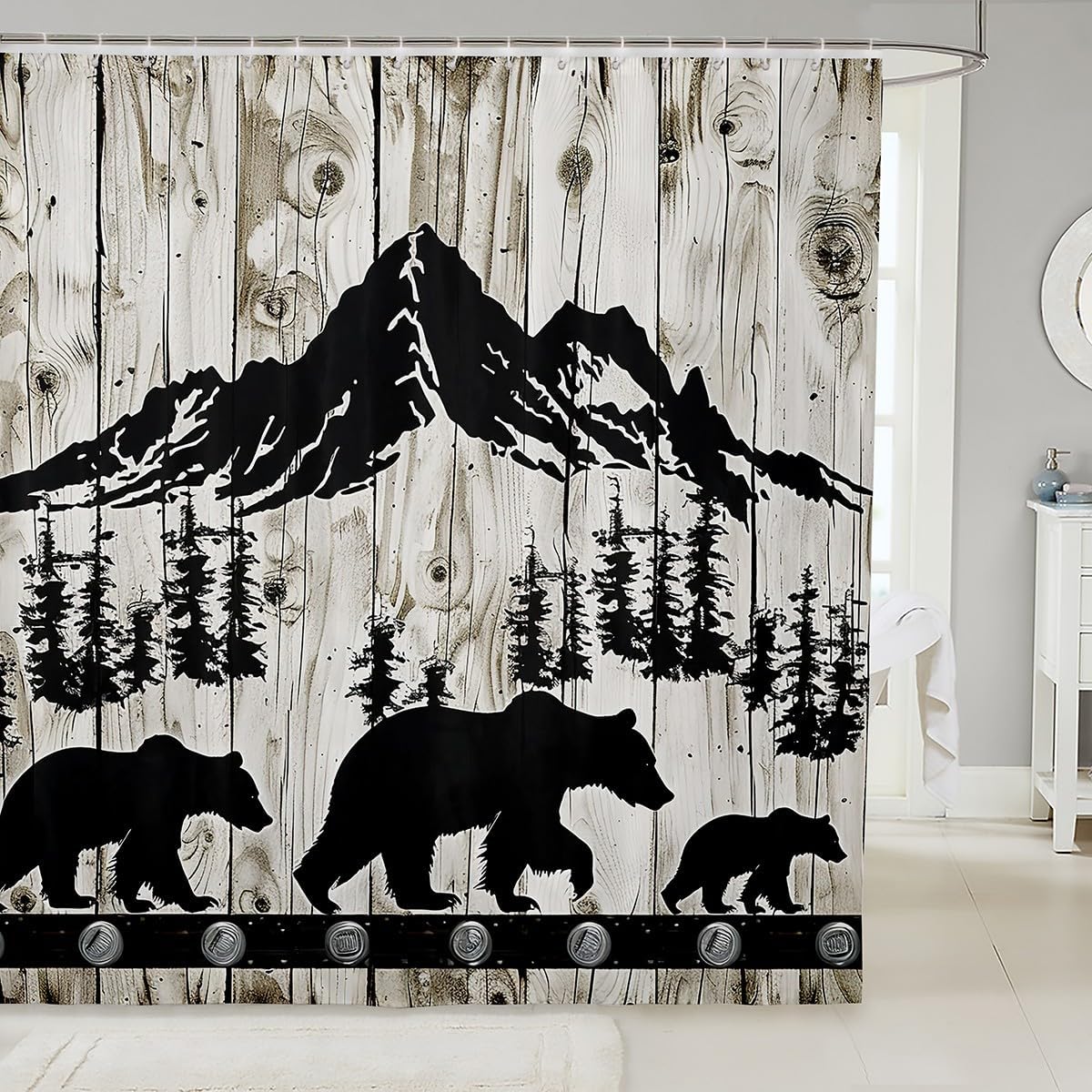 Manfei Bear Shower Curtain Set with 12 Hooks Black Tree Design