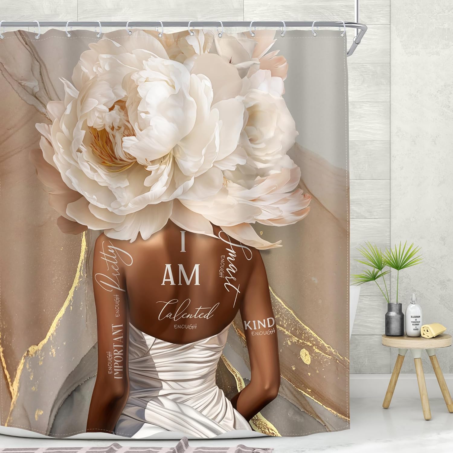 MESHELLY Pink Floral Marble Shower Curtain Set with 12 Hooks
