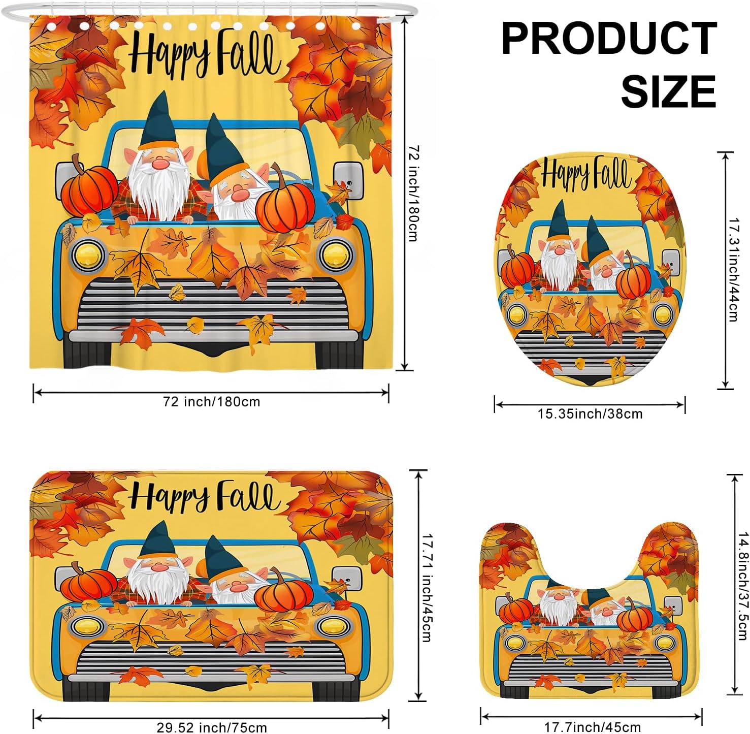 4PCS Fall Kids Gnome Shower Curtain Set with Hooks