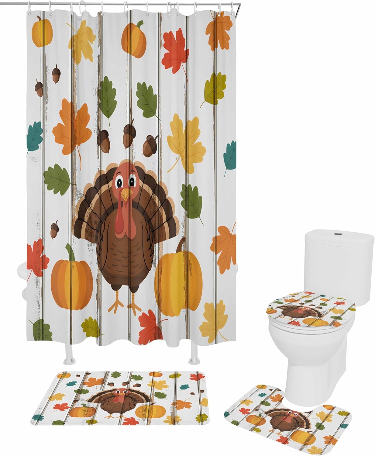 Thanksgiving 4-Piece Bath Set Turkey Acorn Shower Curtains Mats