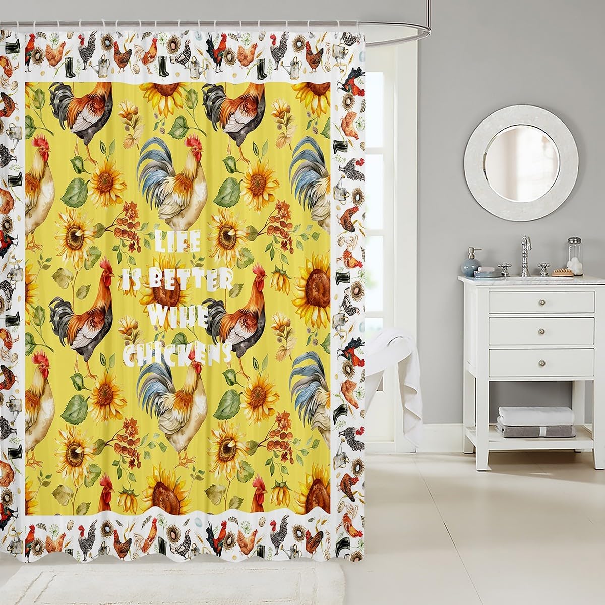 Feelyou Cute Chicken Bath Curtain Set for Kids Adults 72x72