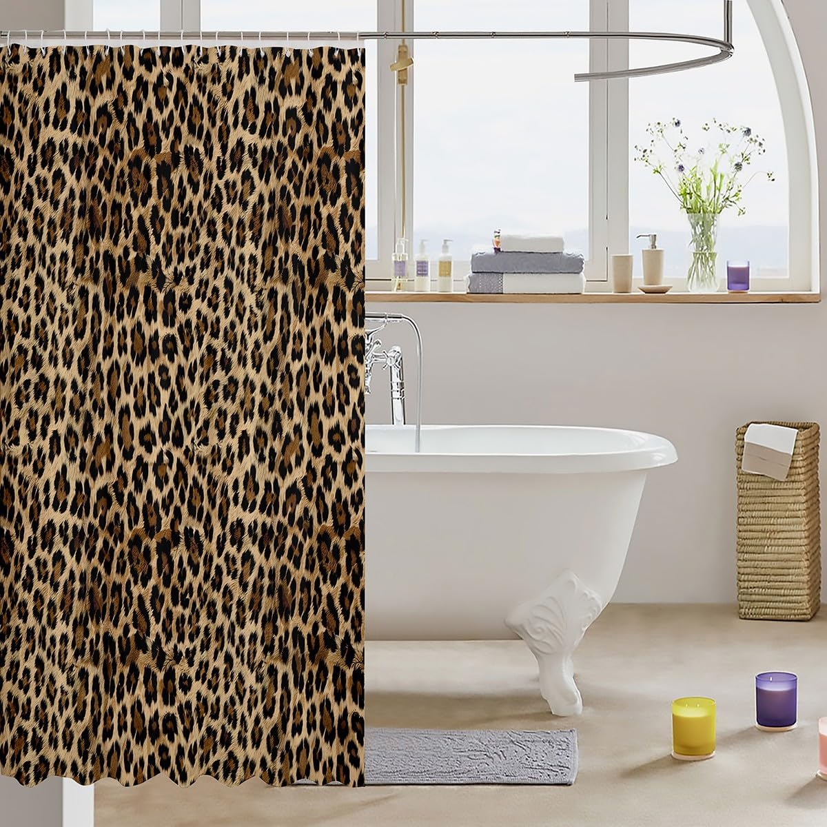 Feelyou Kids Leopard Print Shower Curtain Cowhide Bath Curtain Set Brown 72x78