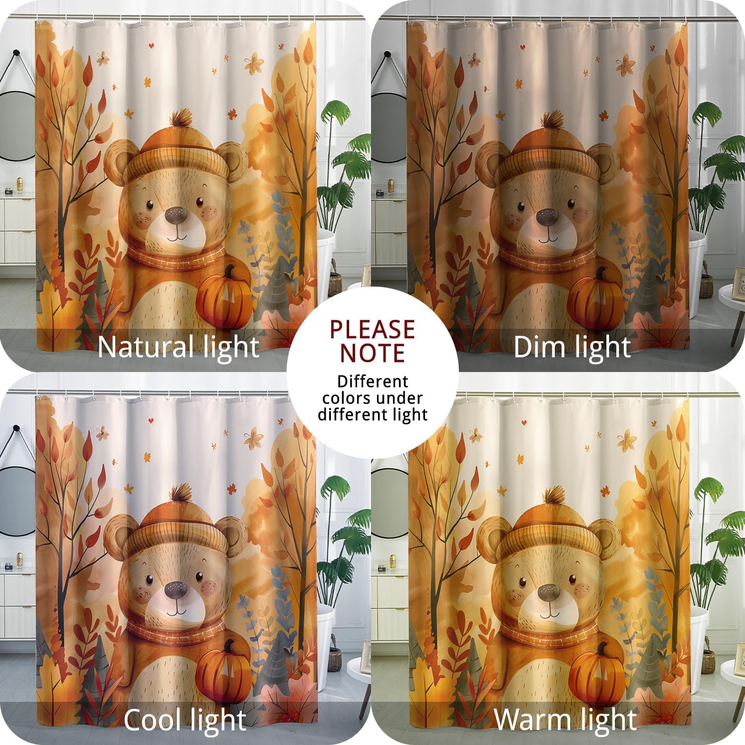 Fall Pumpkin Bear Shower Curtain Autumn Kawaii Bath Decor