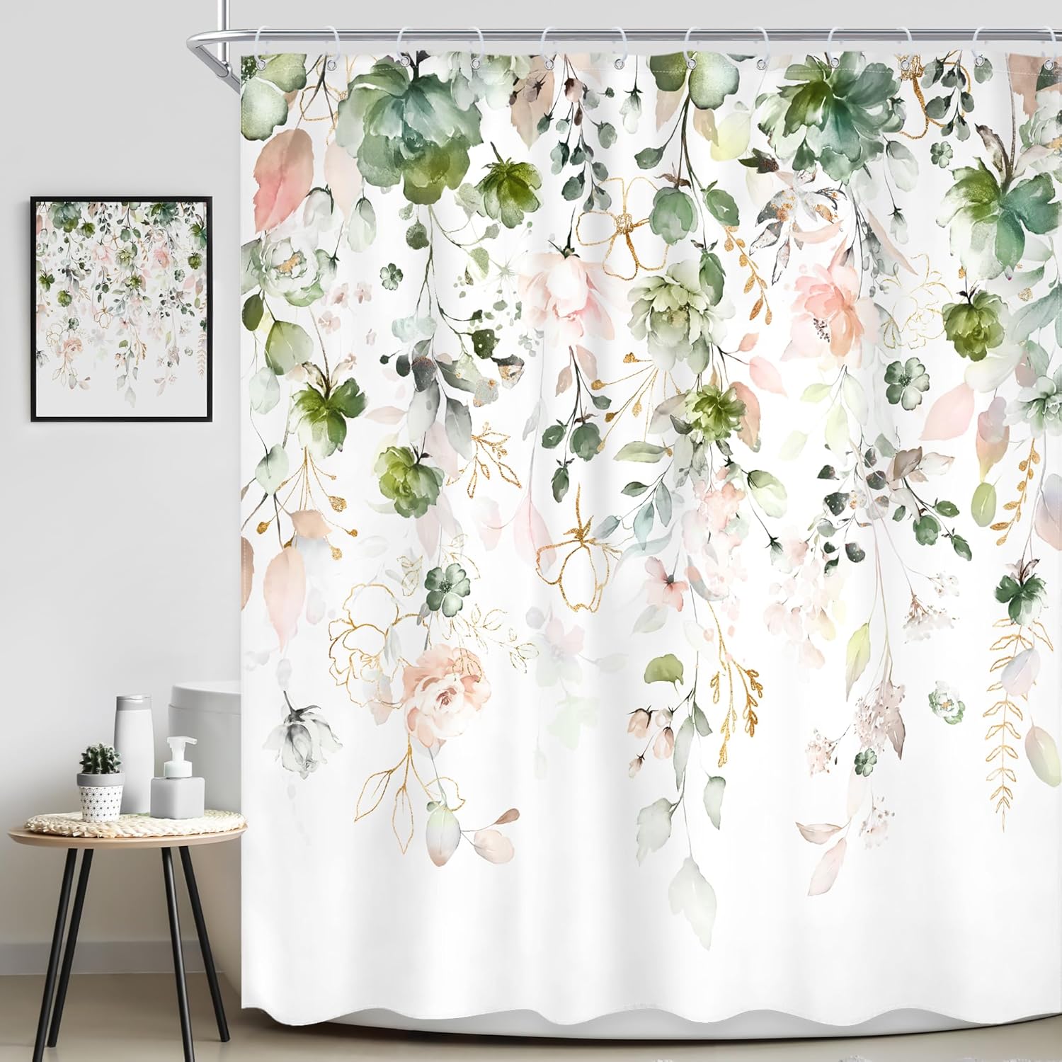 Summer Green Pink Floral Shower Curtain