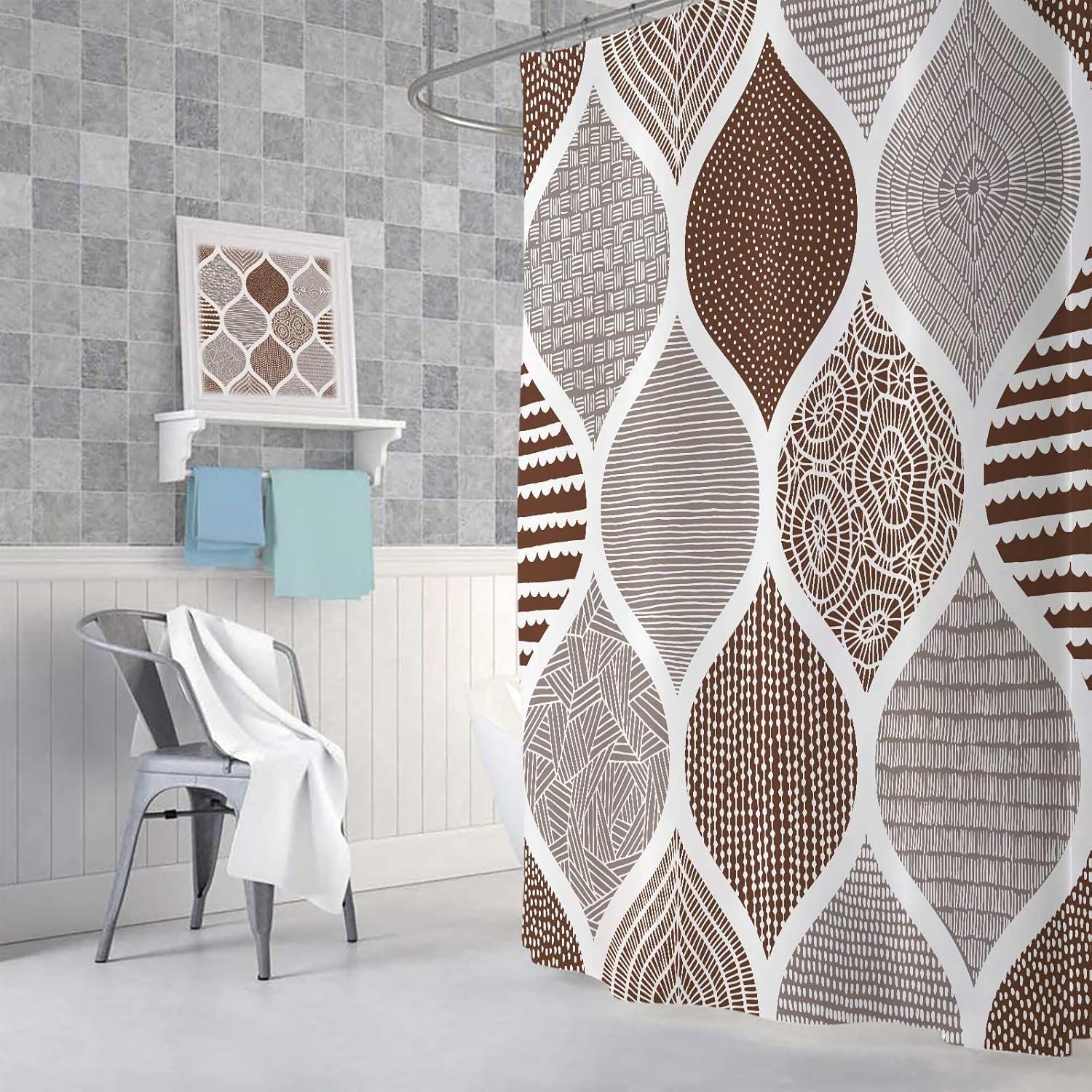 JAWO Retro Bohemian Shower Curtain Set - Tan Grey 72X75 Inch