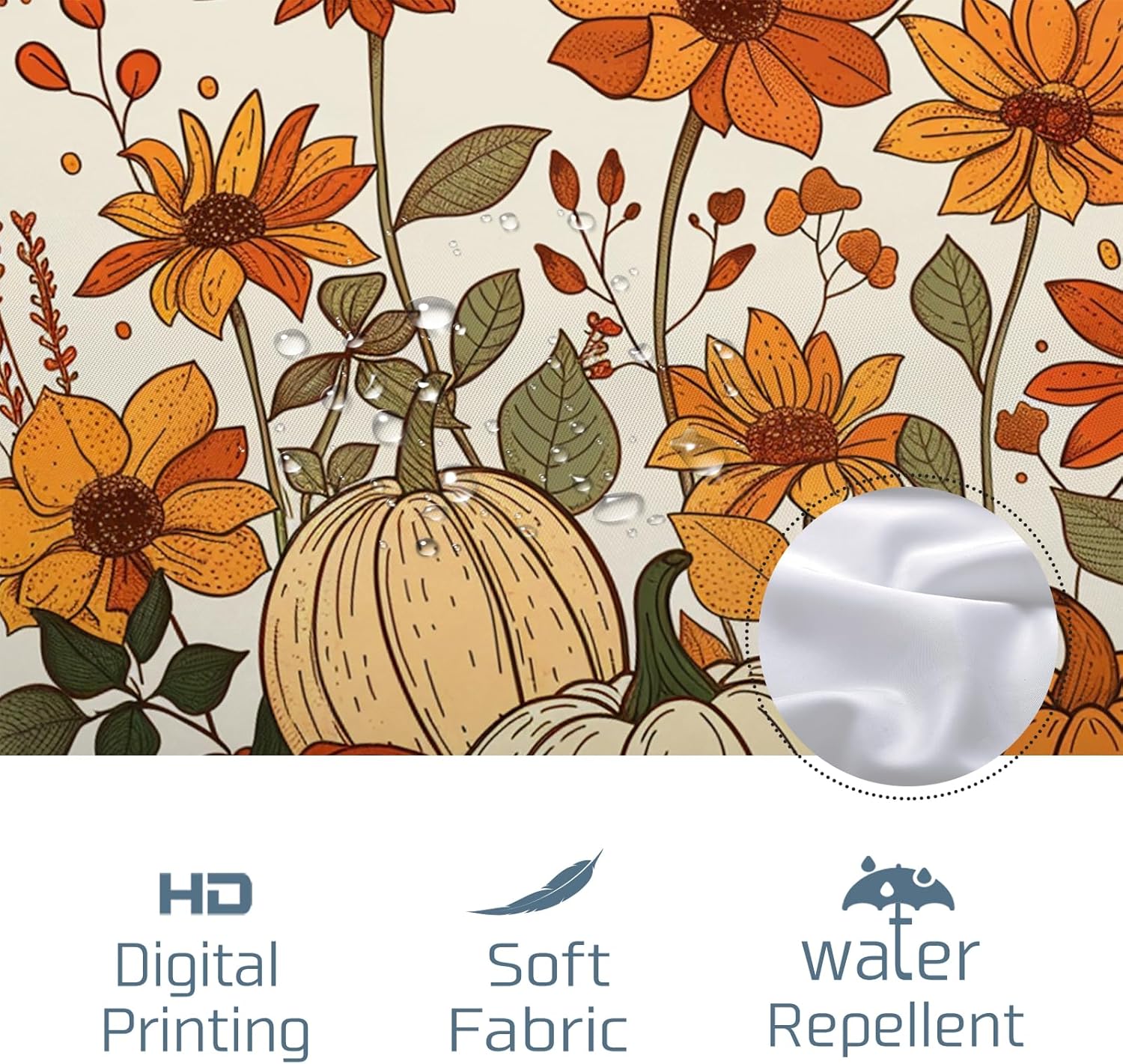 Fall Cream Pumpkin shower curtain set Autumn line drawing 62x72 TPHIHpT