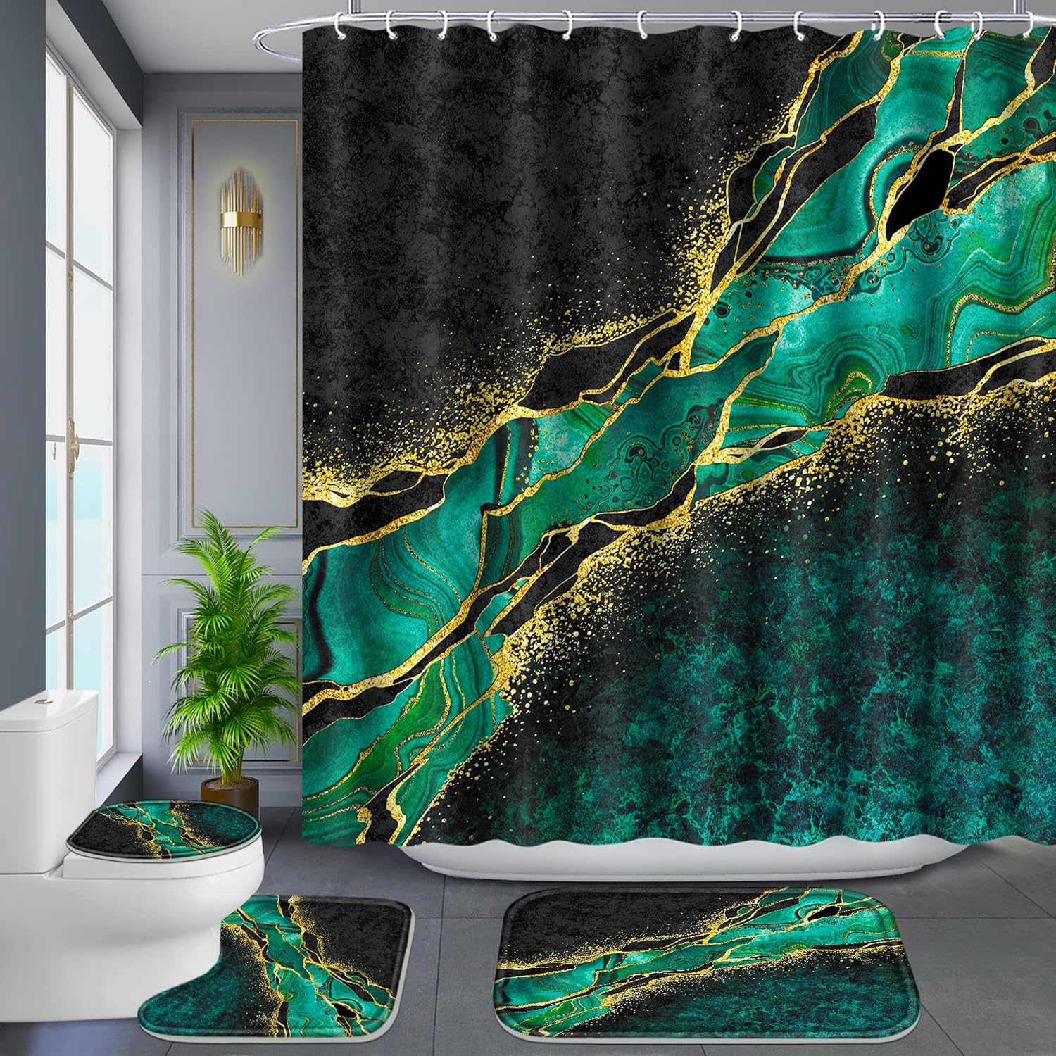 Poedist 4-Piece Bathroom Set Gold Edge Green