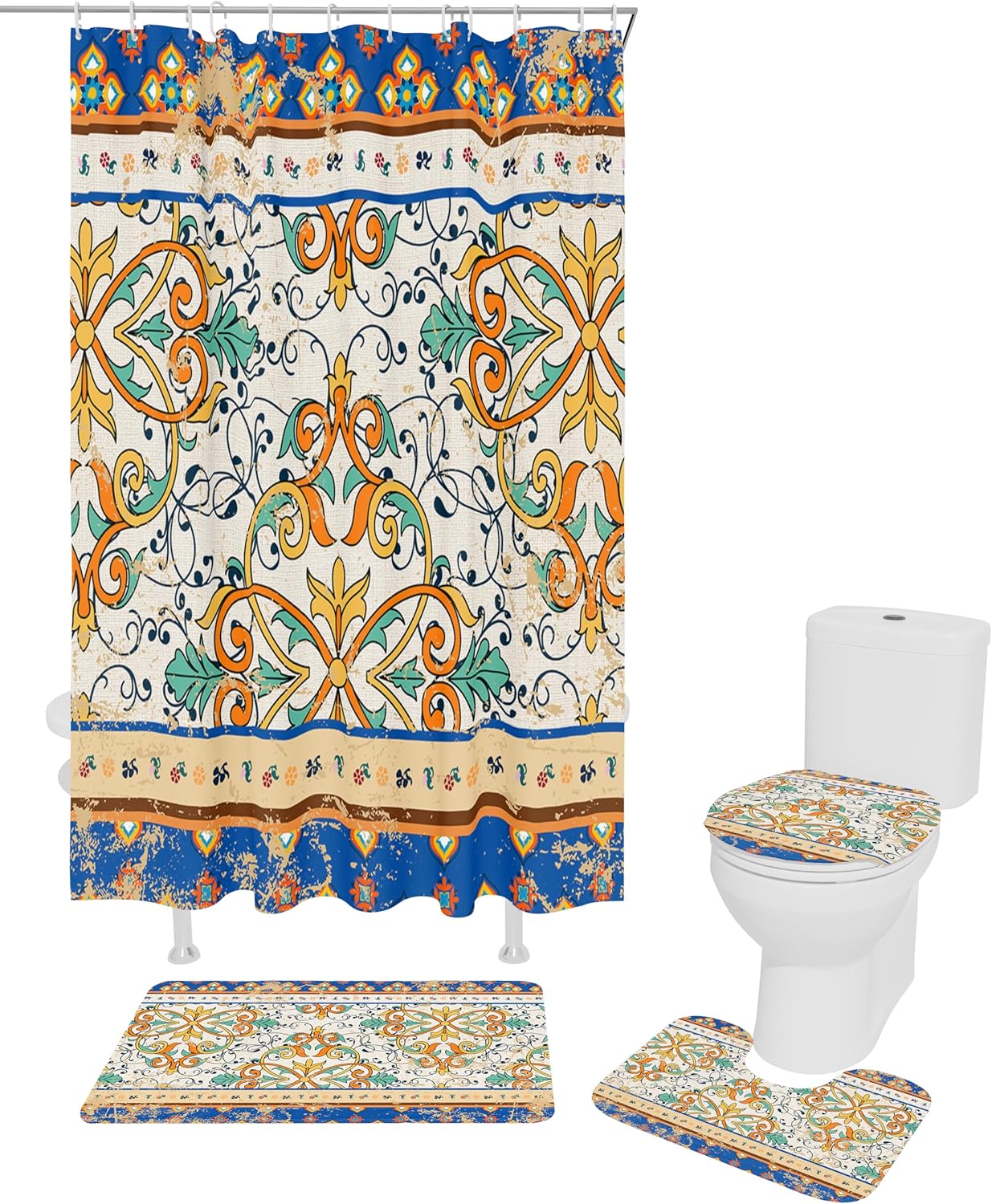 Bath Time Beauty - Boho Geometric Shower Curtain Rug Set Waterfall Print 66x72
