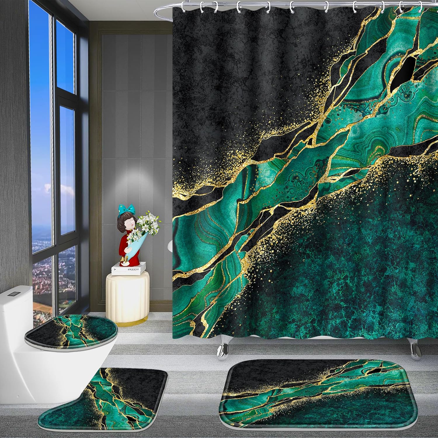 Poedist 4-Piece Bathroom Set Gold Edge Green