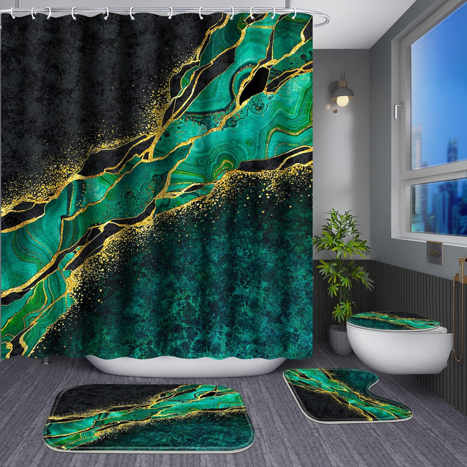 Poedist 4-Piece Bathroom Set Gold Edge Green