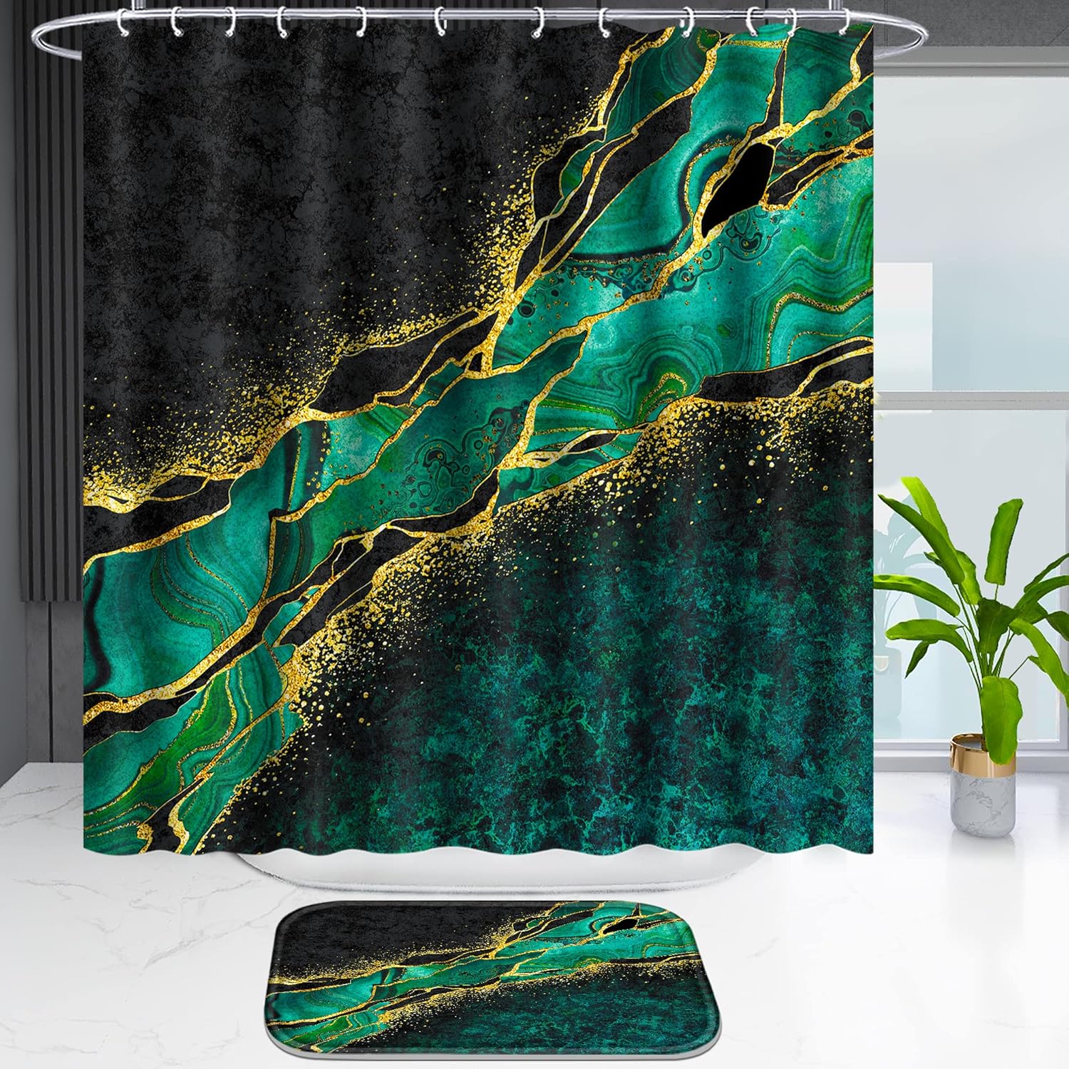 Poedist 4-Piece Bathroom Set Gold Edge Green