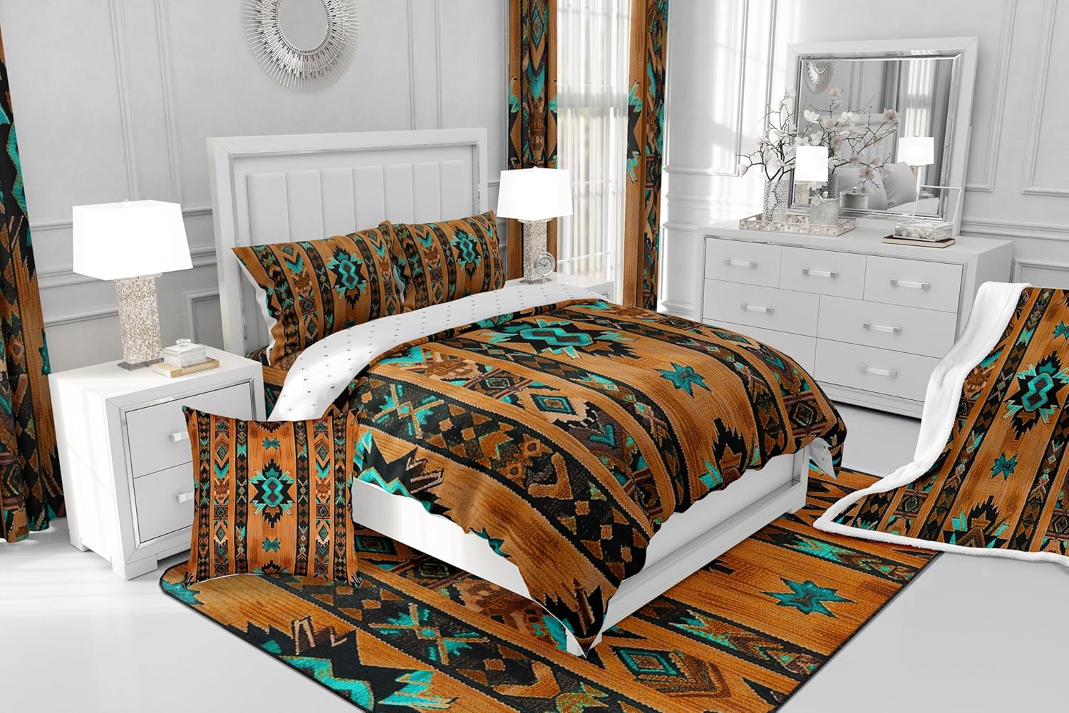 Feelyou Brown Southwestern Geometric Shower Curtain Set
