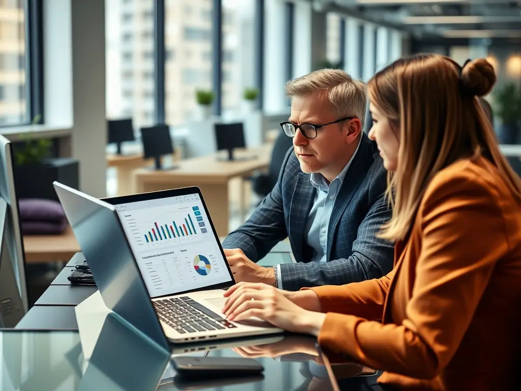 A consultant in a modern office setting, reviewing data analytics on a large screen with a client, showcasing data-driven decision-making.