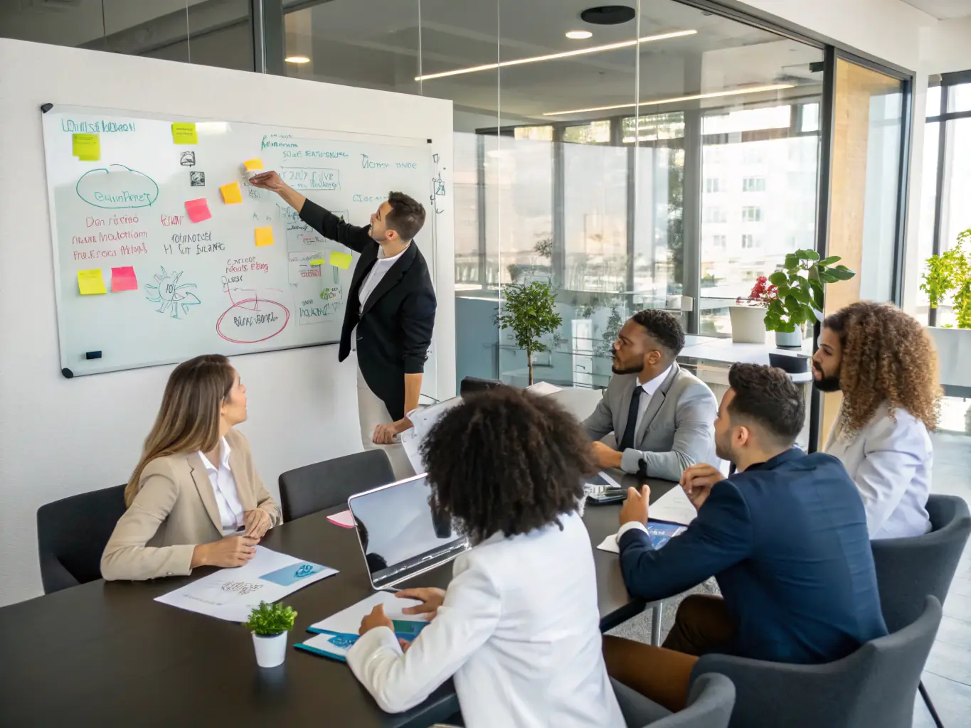 A team of consultants brainstorming IT strategies in a collaborative workspace, showcasing OmniFrame's collaborative approach to IT strategy development.
