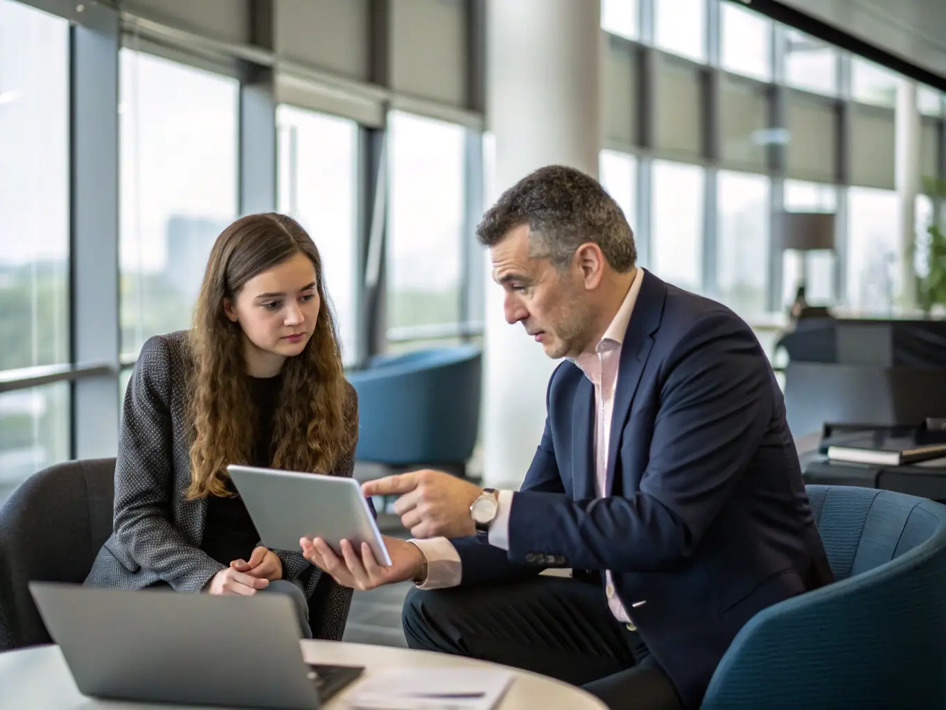 A consultant discussing digital transformation strategies with a client in a modern office setting, emphasizing OmniFrame's expertise in guiding businesses through digital evolution.