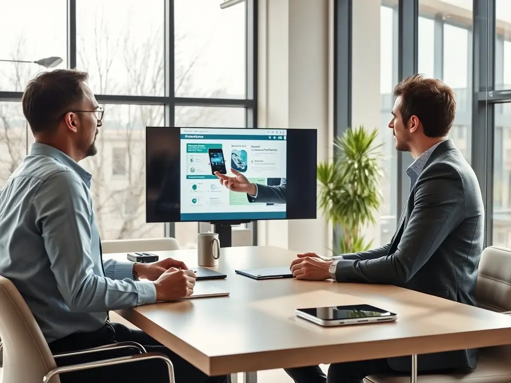 A consultant discussing digital transformation strategies with a client in a modern office setting, emphasizing collaboration and innovation.