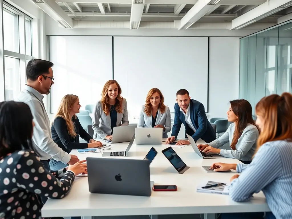 A team of IT consultants brainstorming around a table, discussing strategic IT initiatives and aligning them with business objectives.