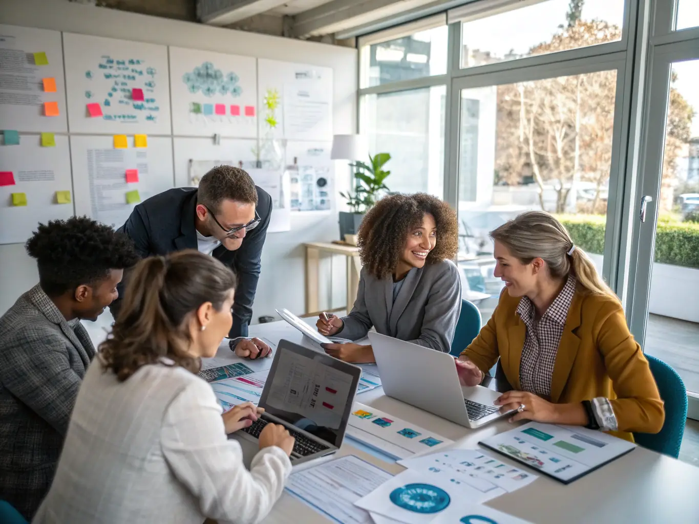A diverse team of OmniFrame consultants working on various devices, symbolizing the breadth of their technological expertise and collaborative spirit.